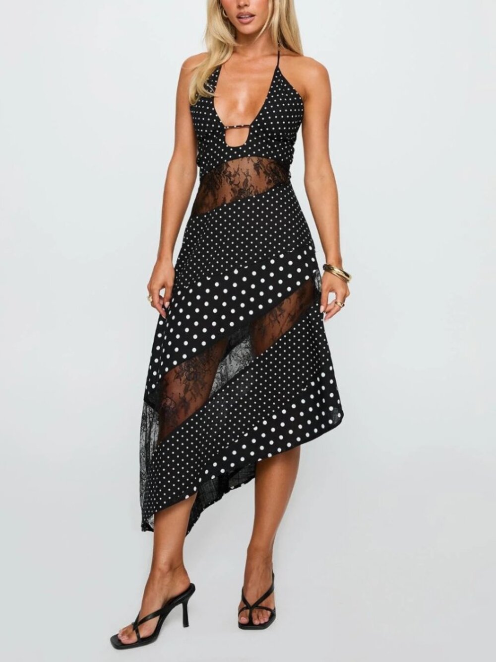 Princess Polly Down With Love Asymmetrical Midi Dress Black Polka Dot Sz 6 NWOT